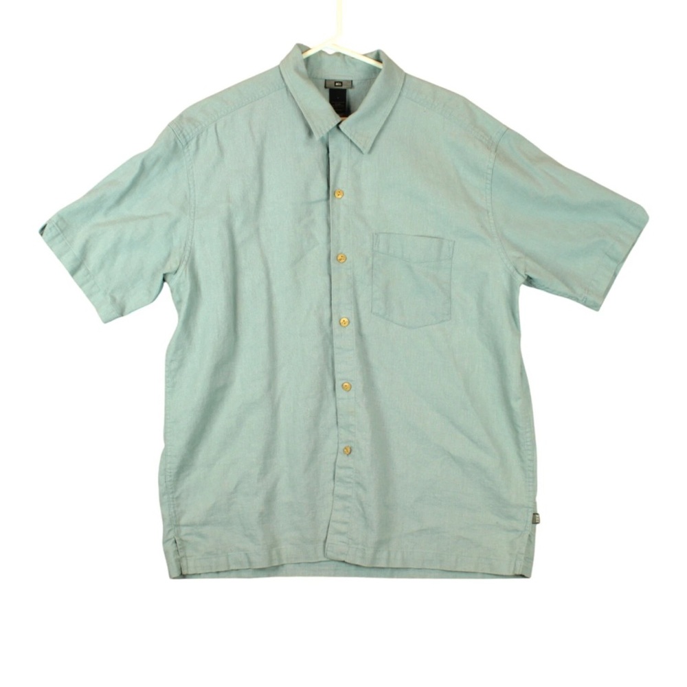 REI Short Sleeve Button Shirt Mens Large Green Front Pocket Outdoors Hemp Blend - Picture 1 of 11
